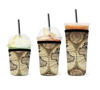 YHNNH Confezione da 3 custodie per tazze da caffè, stampa con mappa antica del mondo, riutilizzabili, in neoprene, durevoli, lavabili, per bevande fredde e calde