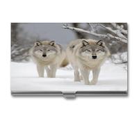 YHNNH Porta biglietti da visita, in lega di alluminio, sottile, portatile, tascabile, con due lupi che camminano nella neve, porta carte di credito in metallo per donne e uomini