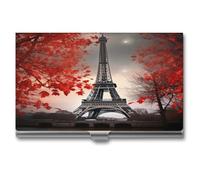 YHNNH Porta biglietti da visita, porta biglietti da visita, in lega di alluminio, sottile, portatile, tascabile, con torre Eiffel, foglie autunnali, porta carte di credito in metallo per donne e