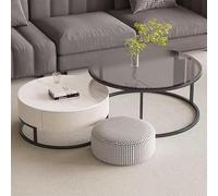 YHNNH, Set di 2 tavolini da caffè ad incastro in legno con struttura in metallo - Design moderno con goffratura circolare for soggiorno, balcone o ufficio(Bianco,Large)