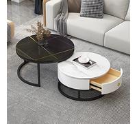 YHNNH, Tavolino da caffè a incastro set di 2, con cassetto portaoggetti - Tavolino da tè moderno con struttura in marmo ardesia e struttura in metallo(Black Frame+black+white)