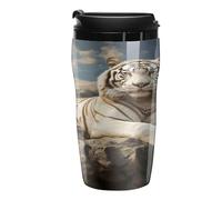 YHNNH Tazza da viaggio in plastica con coperchi a tenuta stagna, tigre maestosa appoggiata su una stampa rocciosa, 250 ml, a doppia parete, riutilizzabile, per bevande calde e fredde