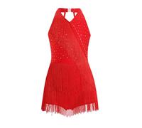 Yhong Abito da ballo da ragazza senza maniche con frange latina salsa da ballo abito da ballo, body leotard con frange ginnastica costume da ballo concorso, Colore: rosso, 122-128 cm