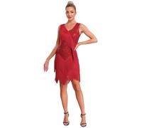 Yhong Abito da Ballo Latino Sala Standard Donna Scollo a V con Nappa Paillettes Vestito Senza Maniche da Danza Moderna Tango Salsa Frangia Pattinaggio Dancewear Rosso L