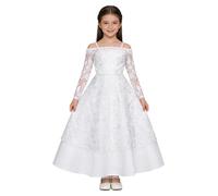 Yhong Bambina Vestito da Damigella Maniche Lunghe con Spalle Scoperte Abito Lungo Elegante in Pizzo da Principessa per Comunione Matrimonio Battesimo Festa Bianco 13-14 Anni