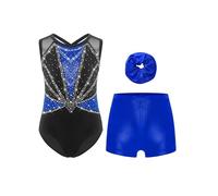 Yhong Costume da Ginnastica Ritmica per Bambine Body per Pattinaggio con Pantaloncini E Fascia Tuta da Pattinaggio Artistico Blu 11-12 Anni