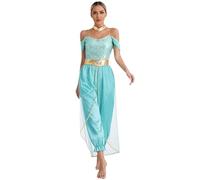 Yhong Costume Da Principessa Jasmine Per Donna Completo Costume Principessa Araba Tutina Con Paillettes Cosplay Halloween Carnevale Turchese XL