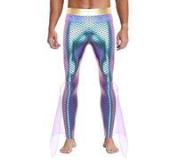 Yhong Metallic Hose Uomo Sirena Costume re del Mare Vita Alta Stampa Squame di Pesce Collant Lunghi Carnevale Cosplay Viola XL