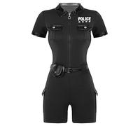 Yhong Poliziotta In Uniforme Sexy Uniforme Da Donna Tuta Corta Con Maniche Corte Intera Jumpsuit Costume Da Poliziotta Festa Carnevale Nero 3XL