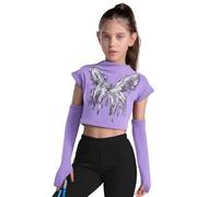 Yhong Top Corto A Collo Alto per Bambina Camicetta Senza Maniche con Stampe di Farfalle E Guanti Abito da Ballo Hiphop Jazz Viola 5-6 Anni