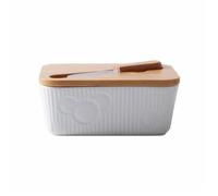 YHxFlux Burriera Semplice portaburro in ceramica bianca goffrata con coltello e ciotola for formaggio coperchio in legno per la cucina