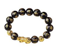 YiAngjGBq Braccialetto Feng Shui, Feng Shui in ossidiana nera, Pixiu Pi Yao, con monete antiche, mantra a sei caratteri, con perline e amuleto in pietra, attrarre ricchezza, buona fortuna, 8MM, Gemma