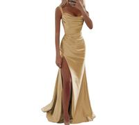 YIANN Abiti da ballo in raso con spalline sottili con fessura per le donne senza maniche con collo ad anello abito da festa formale, Oro, 44