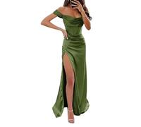 YIANN Abito da ballo lungo da donna con spalle scoperte, abito da damigella d'onore in raso senza maniche con spacco, Verde oliva, 40