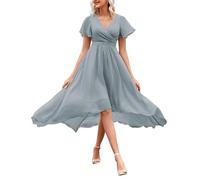 YIANN Abito da damigella d'onore corto in chiffon da donna con maniche per matrimonio abito da sera formale alto basso, Blu polvere., 64 Più