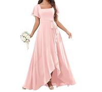YIANN Abito da damigella d'onore da donna in chiffon con maniche increspate alto basso formale abito da sera lungo damigella d'onore, Rosa cipria, 38