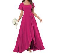 YIANN Abito da damigella d'onore da donna in chiffon con maniche increspate alto basso formale abito da sera lungo damigella d'onore, Fucsia, 46