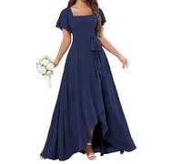 YIANN Abito da damigella d'onore da donna in chiffon con maniche increspate alto basso formale abito da sera lungo damigella d'onore, blu navy, 54 Più