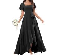 YIANN Abito da damigella d'onore da donna in chiffon con maniche increspate alto basso formale abito da sera lungo damigella d'onore, Nero , 40