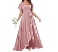 YIANN Abito da damigella d'onore da donna in chiffon con maniche increspate alto basso formale abito da sera lungo damigella d'onore, Rosa polvere, 60 Più