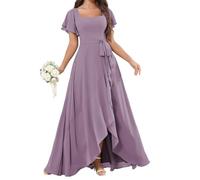 YIANN Abito da damigella d'onore da donna in chiffon con maniche increspate alto basso formale abito da sera lungo damigella d'onore, Glicine, 48