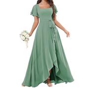 YIANN Abito da damigella d'onore da donna in chiffon con maniche increspate alto basso formale abito da sera lungo damigella d'onore, Eucalipto, 60 Più