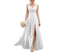 YIANN Abito da damigella d'onore da donna in chiffon con spacco per festa di nozze pieghettato scollo a V lungo abito da sera formale, bianco, 44