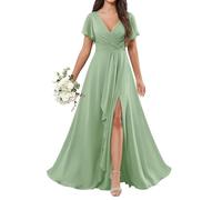 YIANN Abito da donna in chiffon lungo da damigella d'onore con maniche increspate scollo a V abito da sera formale, Verde salvia, 52 Più