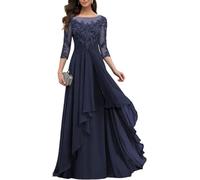 YIANN, abito da sera da donna, con applicazioni in pizzo, per madre della sposa, con maniche, in chiffon lungo, blu navy, elegante, IT42