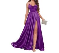 YIANN Abito da sera da donna in raso con fessura plissettata increspato spalline sottili abito da sera formale, Viola, 38