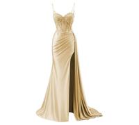 YIANN Abito da sera formale a sirena da donna con scollo a V in raso 2025 con fessura, Champagne, 38