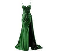 YIANN Abito da sera formale a sirena da donna con scollo a V in raso 2025 con fessura, Verde smeraldo, 40