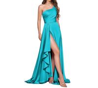 YIANN Abito da sera formale da donna, monospalla in raso, con spacco, increspato, a linea, corsetto, Turchese, 40