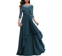 YIANN Abito da sera formale in chiffon lungo da donna con applique in pizzo per madre della sposa con maniche, Foglia di t, 48