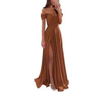 YIANN - Abito da sera in raso color arancio bruciato per donne, con spacco, pieghe, linea A, spalle scoperte, abito da damigella d'onore, abito formale da festa UK6