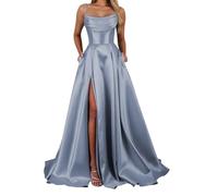 YIANN Abito da sera lungo da donna, con spalline sottili, in raso, con corsetto a fessura, Blu polvere., 42