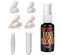 Yi'antai 4 Paia Denti da Vampiro, Zanne di Vampiro con 60ml Sangue Finto Spray, Dentatura Zombie con 1 Tubo di Adesivo, Adulti Bambini Zanne da Vampiro (A)
