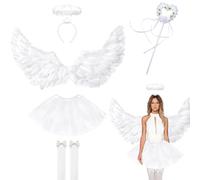 Yi'antai 6 pezzi Costume da Angelo Nero,Costume da Angelo da Donna,80cm Ali D'angelo,Adulto Angelo Diavolo Fata con Gonna TuTu, Angeli Alone e Bacchetta Magica,Calze Alte Al Ginocchio (Bianco)