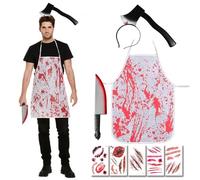 Yi'antai Costume da Macellaio per Halloween, Costume da Serial Killer Horror, Costume Halloween Uomo, Bloody Axe Headband, Grembiule Insanguinato, Coltello di Halloween Horrorm