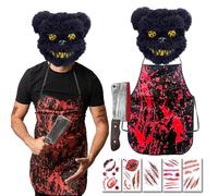 Yi'antai Costume da Macellaio per Halloween, Orso dell'orrore Costume, Costume da Serial Killer Horror, Maschera da Orso, Grembiule Insanguinato, Coltello di Halloween Horrorm