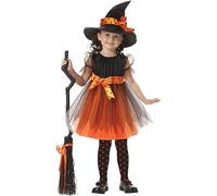 Yi'antai Costume da Strega, Vestito Strega Bambina con Cappello da Strega, Abito da Strega, Strega Bambina arancione, Halloween Costume Strega Bambina, taglia 100 al 140cm (Arancione, 100cm)