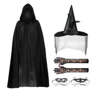 Yi'antai Costume Strega Halloween, Costume da Strega Nera, Costume Strega Donna Costume, Cappello da Strega per Halloween, Mantello con Cappuccio, Guanti Scopa Strega, Maschera Occhi streghe (Nero)