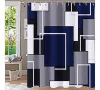 YiarTaan Tenda da doccia blu navy, tende da doccia per bagno, set di tende da doccia geometriche moderne di metà secolo, tenda da bagno quadrata astratta blu navy, nero, grigio, bianco, sfondo in
