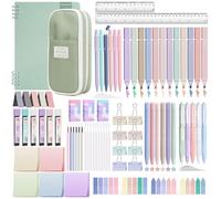 YIBONIKA Set da 80pz di articoli di cancelleria estetici con astuccio per matite verde e quaderno, 12 evidenziatori pastello, 6 penne colorate, 5 penne nere, 6 matite meccaniche, set di cancelleria