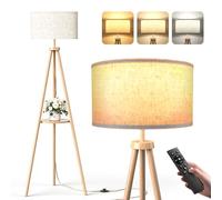YICAIZI Lampada da Terra ad Treppiede LED con Ripiani Portaoggetti - 12W Piantana da Lettura Solido Regolabile con Telecomando & LED E27 per Soggiorno, Camera da Letto, Ufficio - Legno Naturale