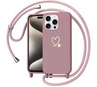 Yichxu Cover con Cordino per iPhone 15 Pro Max, Motivo Cuore Custodia Cellulare con Tracolla in Regolabile, Morbid Antiurto AntiGraffio Bumper Liquido Silicone Protettiva Case, Rosa