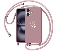 Yichxu Cover con Cordino per iPhone 16, Motivo Cuore Custodia Cellulare con Tracolla in Regolabile, Morbid Antiurto AntiGraffio Bumper Liquido Silicone Protettiva Case, Rosa