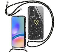 Yichxu Cover con Cordino per Samsung Galaxy A05s 5G, Custodia Glitter con Collana Tracolla, Motivo Cuore TPU Silicone Brillantini Antiurto AntiGraffio Case, Laccio Collo Case per Samsung A05s, Nero