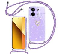 Yichxu Cover con Cordino per Xiaomi Redmi Note 13 5G Custodia Glitter con Collana Tracolla, Motivo Cuore TPU Silicone Brillantini AntiGraffio Case, Laccio Collo Case per Redmi Note 13 5G, Viola