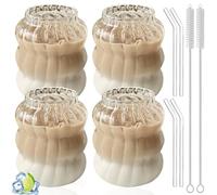 YIDM Iced 4 tazze da caffè in vetro trasparente con 4 cannucce + 2 spazzole di paglia, bicchieri da dessert, bicchieri da tè Ripple, tazze da caffè per tè, latte e whisky (530 ml)